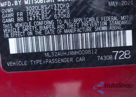 2021 Mitsubishi Mirage Carbonite Edition/Es/Le из США, поврежденный, VIN ML32AUHJXMH009812